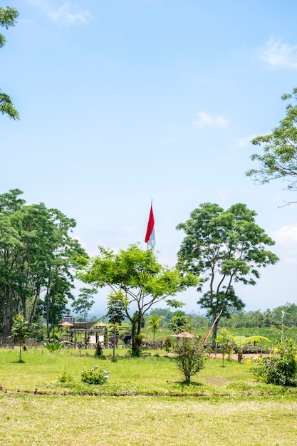 Natural scenery and indonesian flag with blue sky and clouds.