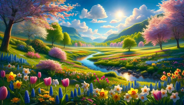 natural scenery in spring flowers trees and rivers