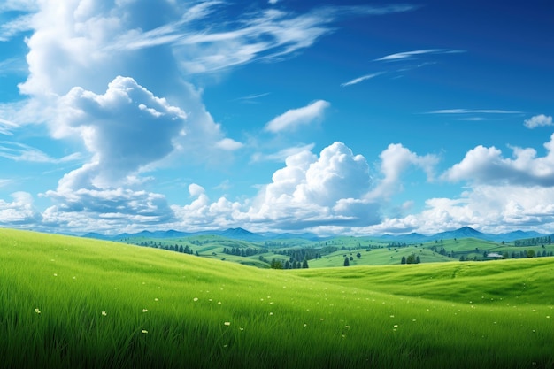 Natural scenic panorama Greenfield Panoramic view of green meadow and blue sky with clouds Ai generated