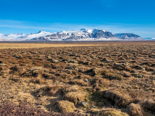 Natural scenic view of mountains and field in winter season in Iceland