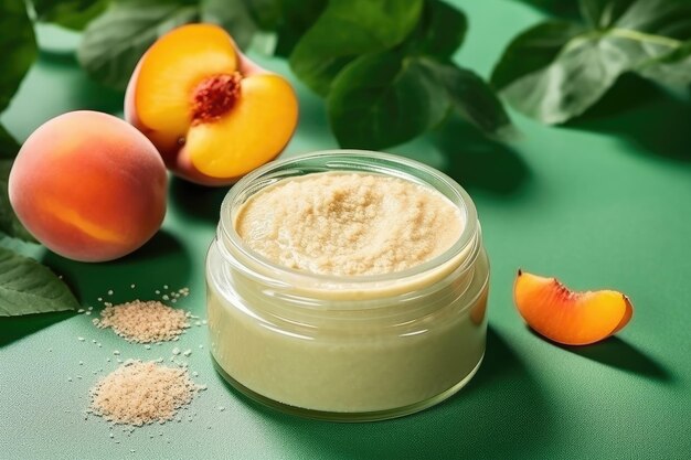 Natural scrub with microcapsules on green background peach or coffee smear