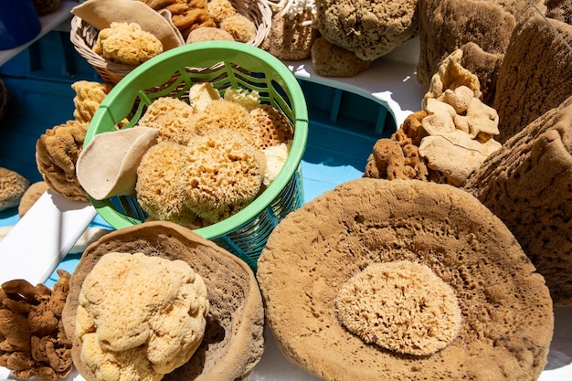 Natural sea sponges sold on a greek market