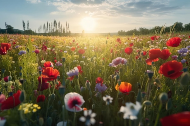 鮮やかな花の草原の自然でやかな風景