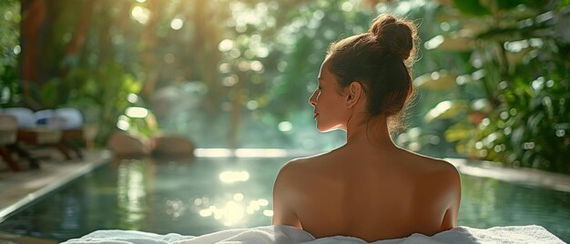 Photo in a natural setting a stunning young lady unwinds on a spa bed in preparation for a massage