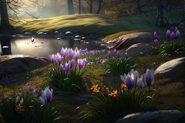 Natural setting with crocuses blooming among the greenery