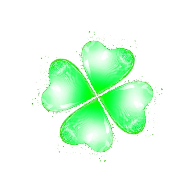 Natural shamrock's leaf in the shape of fresh splash with droplets on a white with copy space. Happy St.Patrick 's Day concept.