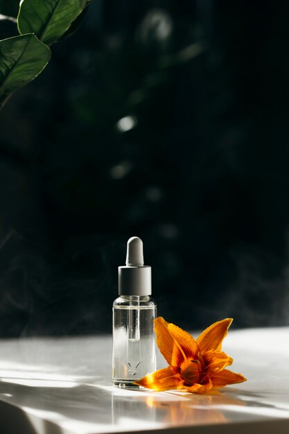 A natural skin care product in a glass bottle with a dropper Serum for womens facial skin