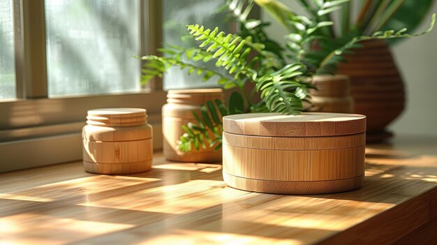 Natural Skincare Jars Mockup on Wooden Surface with Flowers