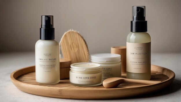 Natural skincare products on bamboo tray