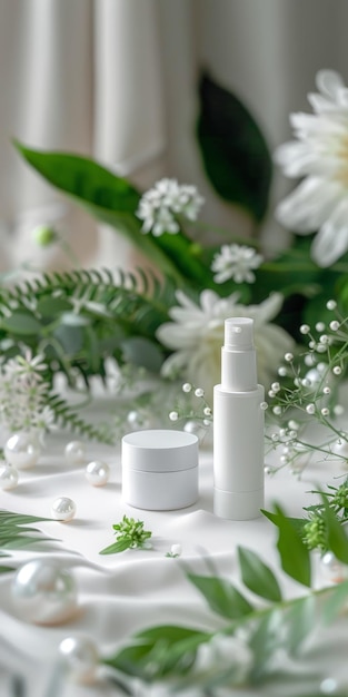 Natural skincare products with green leaves and white flowers