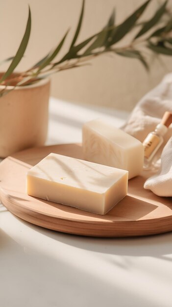 natural soap sits on a wooden plate muji style