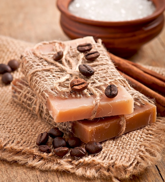 Natural soap on wooden background