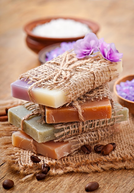 Natural soap on wooden background