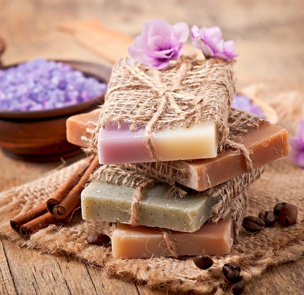 Natural soap on wooden background