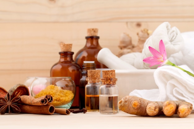 Photo natural spa theme  on wooden background.