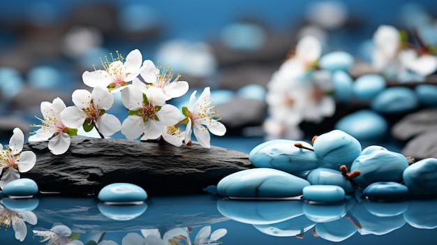 Natural spa treatment background spa stones with flowers blue background