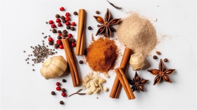 natural spices composition with salt black pepper ginger cinnamon sticks and vanilla on white bac