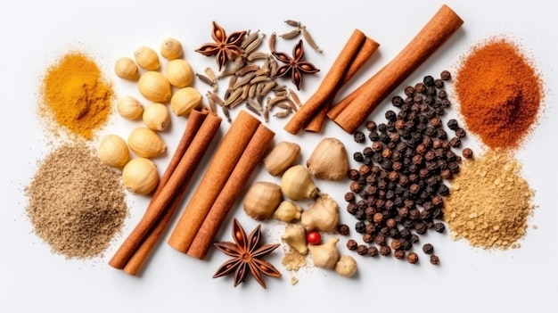 natural spices composition with salt black pepper ginger cinnamon sticks and vanilla on white bac