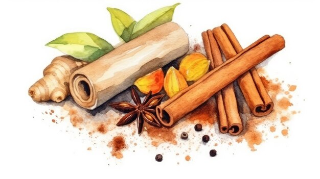 natural spices composition with salt black pepper ginger cinnamon sticks and vanilla on white bac