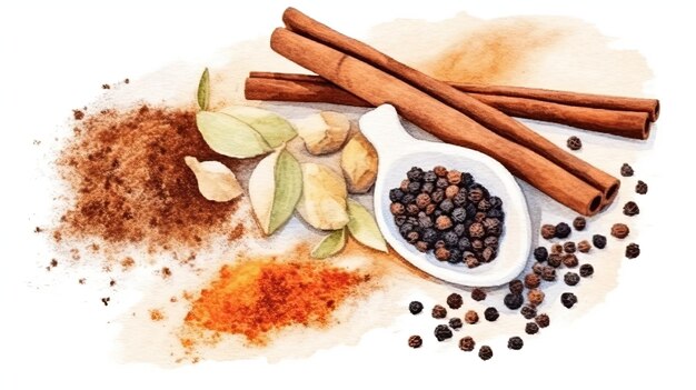 natural spices composition with salt black pepper ginger cinnamon sticks and vanilla on white bac