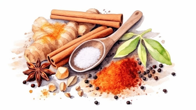 natural spices composition with salt black pepper ginger cinnamon sticks and vanilla on white bac