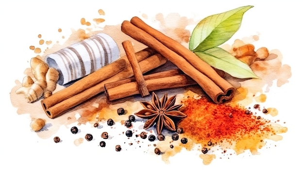 natural spices composition with salt black pepper ginger cinnamon sticks and vanilla on white