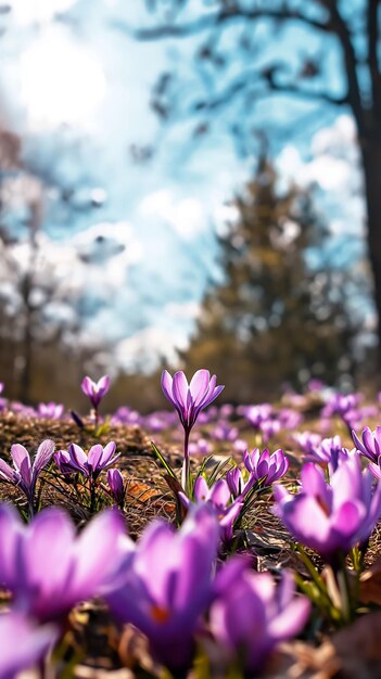 Photo natural spring or autumn vertical background with delicate lilac crocus flowers on blue sky