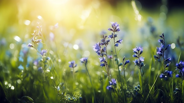 自然の春花の畑を背景に