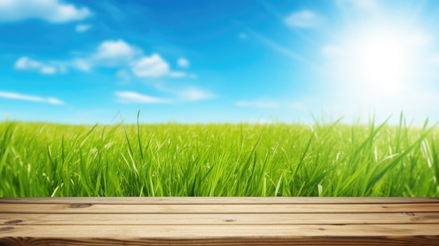 Естественный весенний сад на фоне свежей зеленой травы с ярко-голубым солнечным небом с деревянным столом
