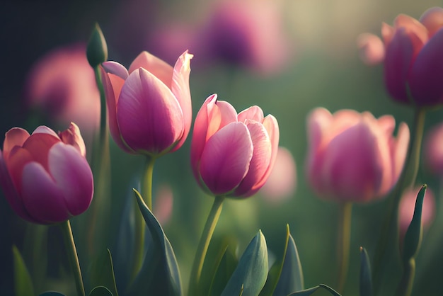 Natural spring light Pink tulips on green Illustration Generative AI