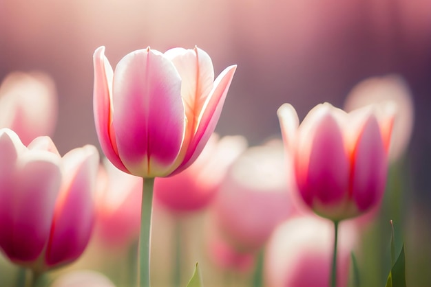 Natural spring light pink tulips on green Illustration Generative AI