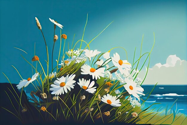 A Natural Spring Wonderland of Colorful Flowers Blooming in the Grassy Sea Generative AI