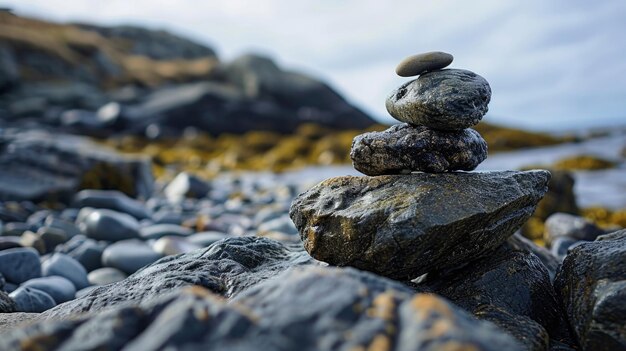 A Natural Stack of Rocks on a Serene Beach