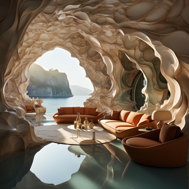 A natural stone archway with couches and chairs outside in the style of fluid abstraction