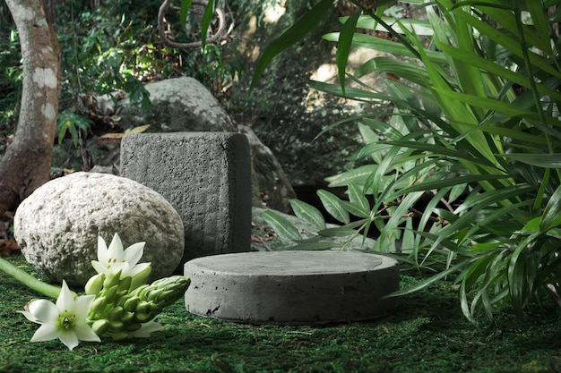 Natural stone and concrete podium in tropical forest with flowers