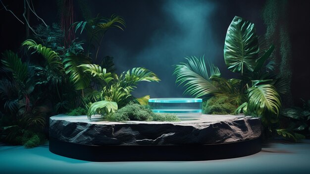 Natural stone marble rock podium with neon and plant in aquatic environment for product presentation