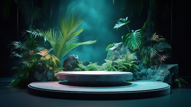 Natural stone marble rock podium with neon and plant in aquatic environment for product presentation