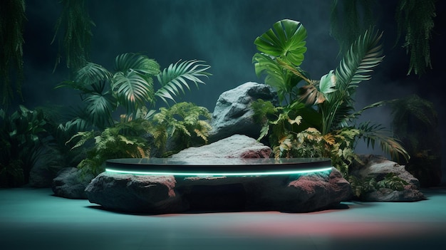 Natural stone marble rock podium with neon and plant in aquatic environment for product presentation