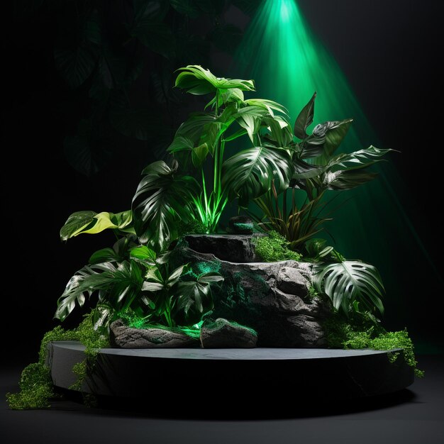 Natural stone marble rock podium with neon and plant in aquatic environment for product presentation