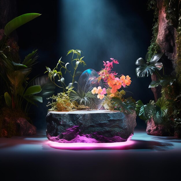 Natural stone marble rock podium with neon and plant in aquatic environment for product presentation