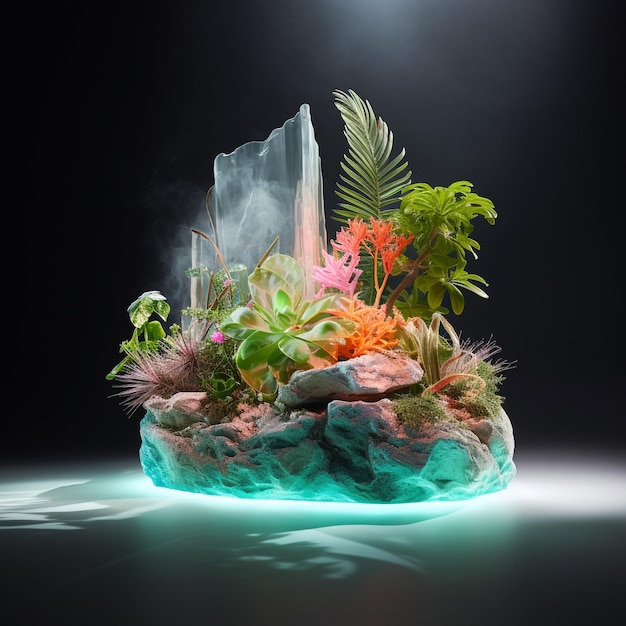 Photo natural stone marble rock podium with neon and plant in aquatic environment for product presentation