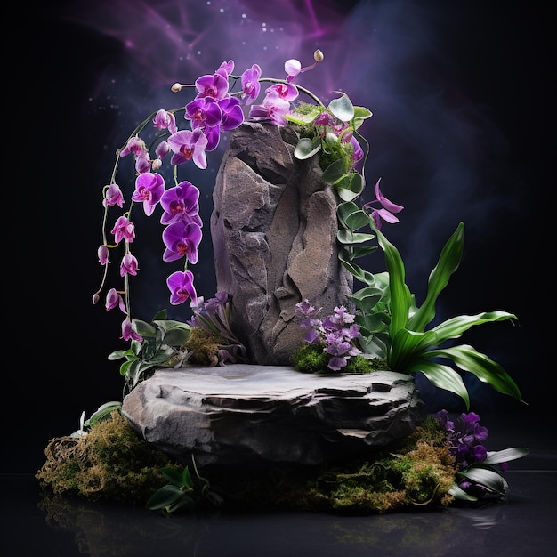 Natural stone marble rock podium with neon and plant in aquatic environment for product presentation