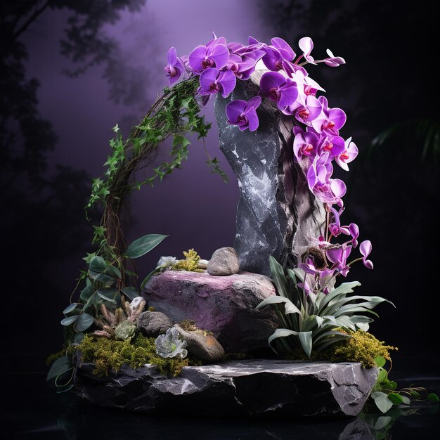 Natural stone marble rock podium with neon and plant in aquatic environment for product presentation