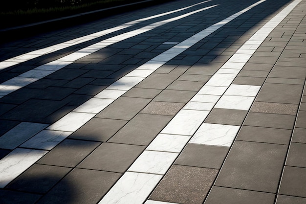 Natural stone paving with white lines on dark gray background of city street