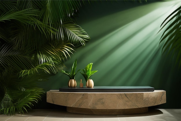 Натуральный каменный подиум в тени пальмовых листьев на зеленой задней стороне
