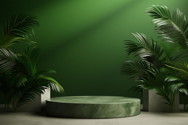 Natural stone podium palm leaf shade in green background shade Beauty cosmetic showcase