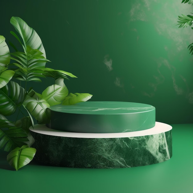 Natural stone podium with tropical leaves Illustration AI GenerativexA