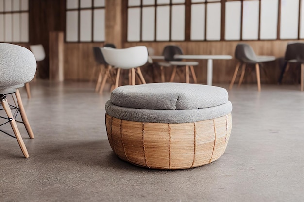 Natural straw round pouf cushion chair grey concrete floor Minimalist loft coffee shop restaurant home interior design