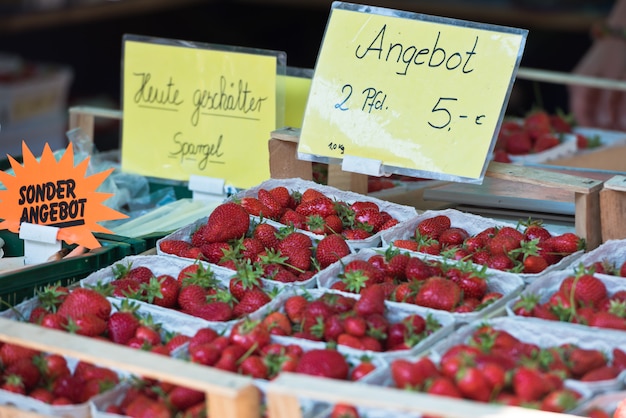 Foto fragole naturali in scatole ad un mercato degli agricoltori