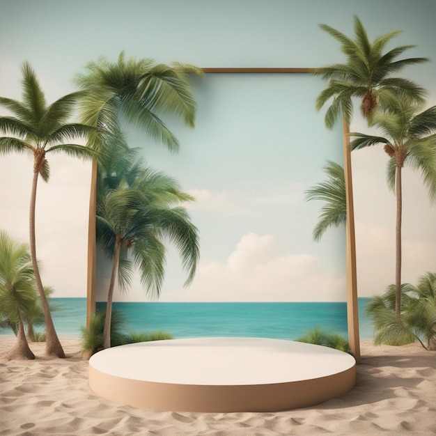 Natural summer beach backdrop with podium and palm tree for product display background